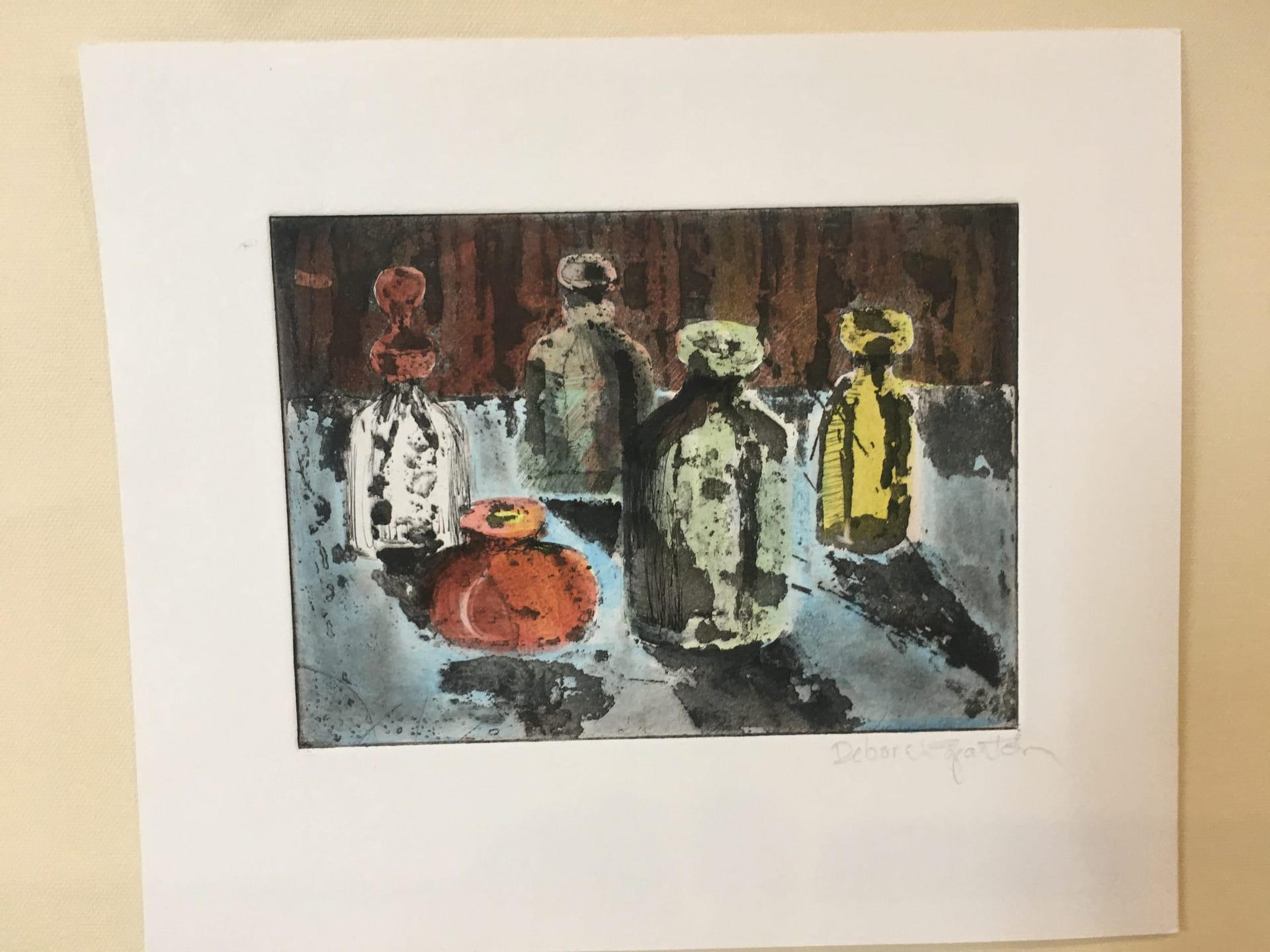 Hand Colored Etching: Bottles No. 2