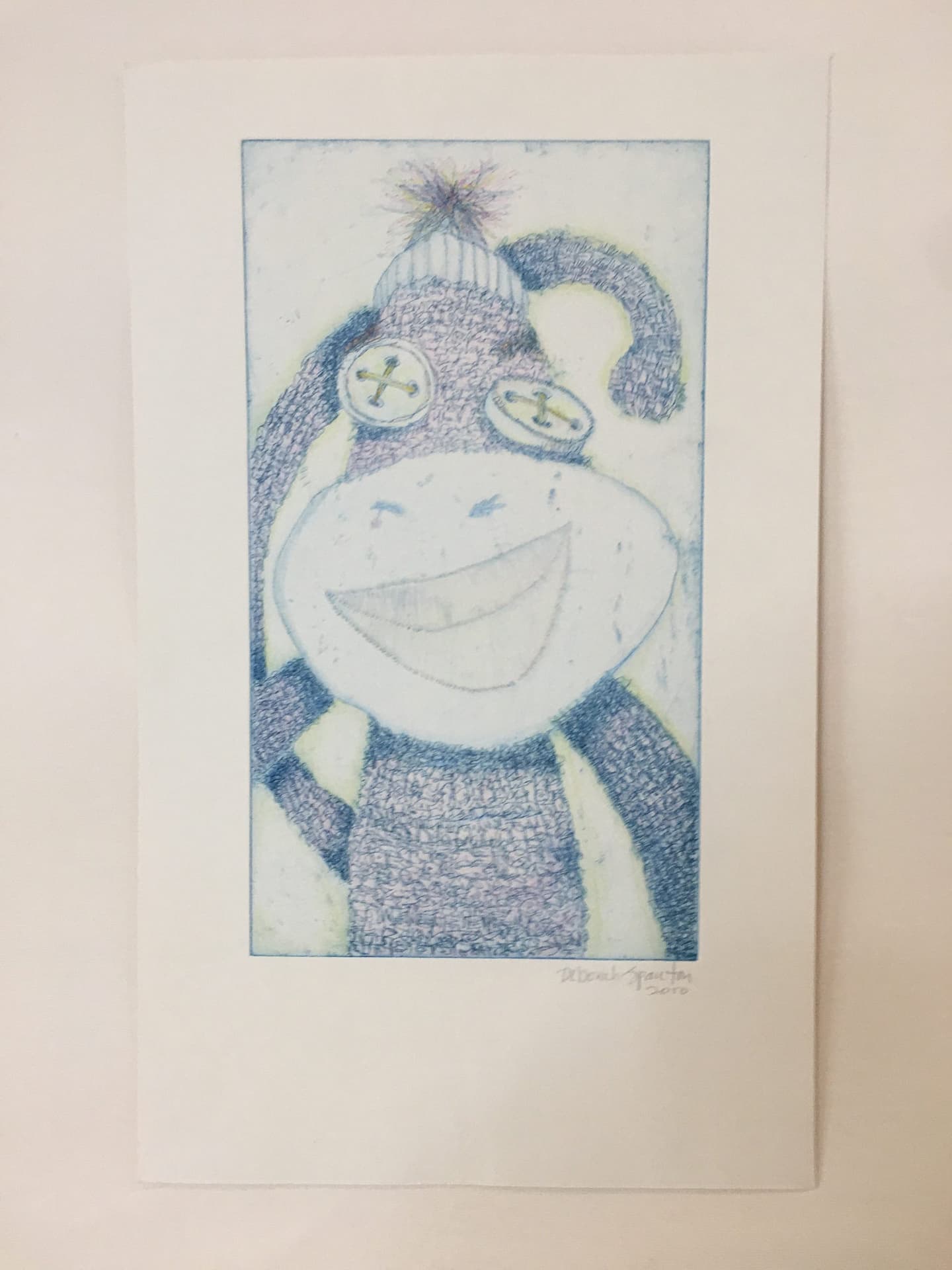 Hand Colored Sock Monkey Etching