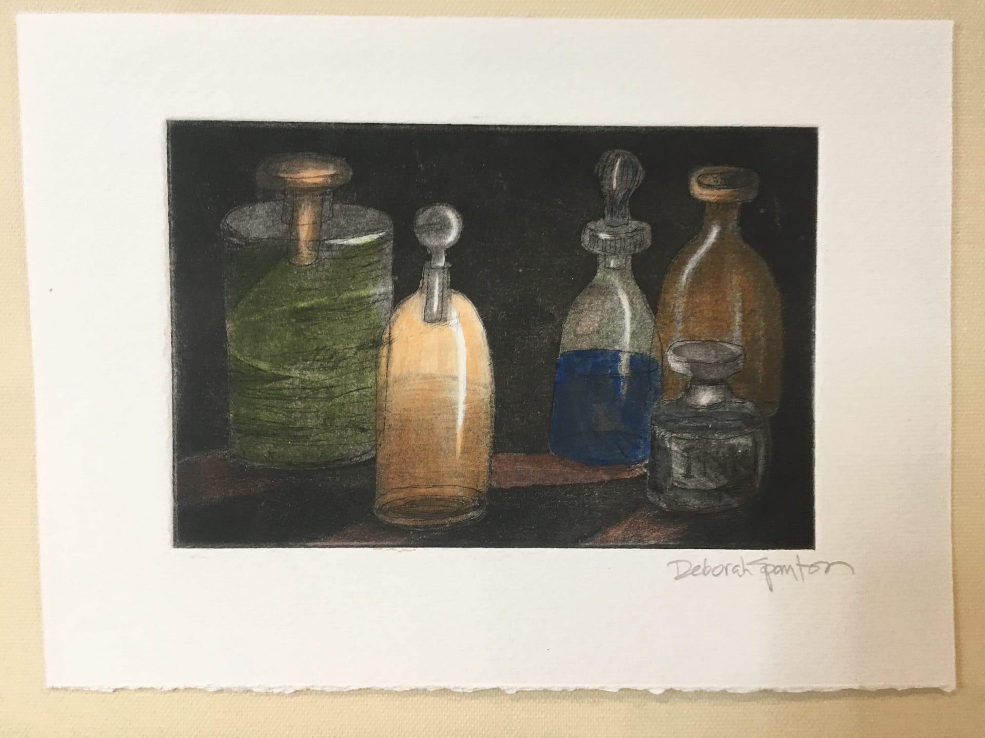 Hand Colored Etching: Bottles No. 1
